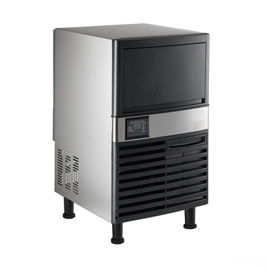 Commercial ice maker with stainless steel and black finish on a white background