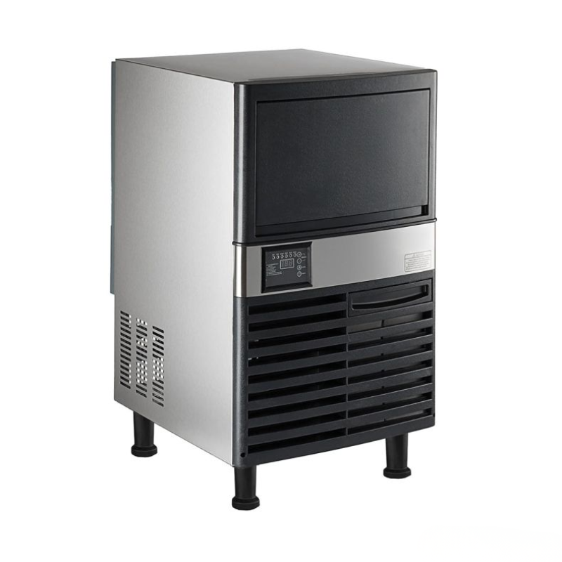 Commercial ice maker with stainless steel and black finish on a white background