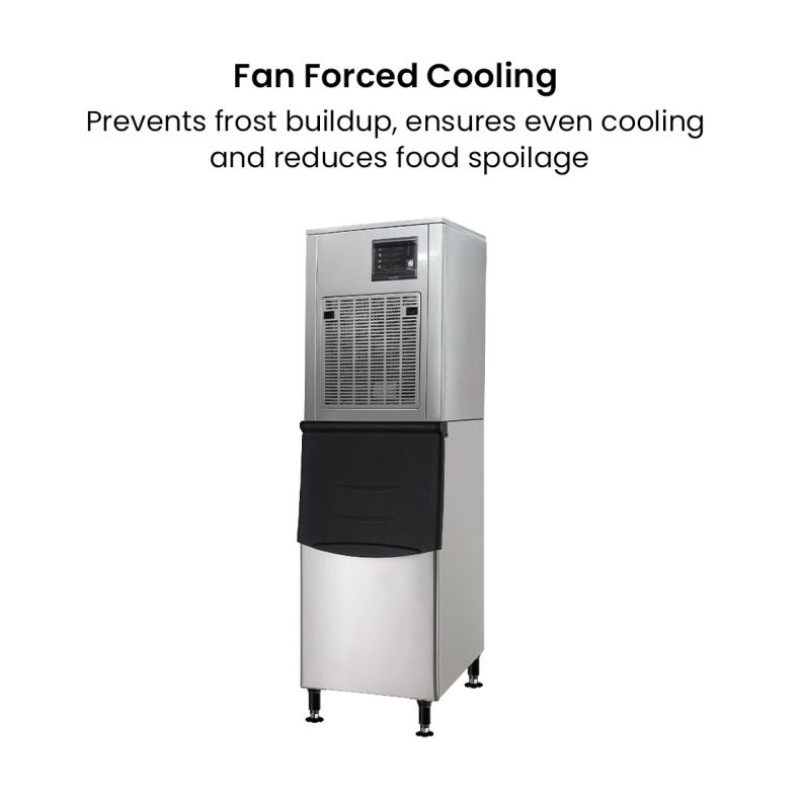 Fan forced cooling system with text on a white background