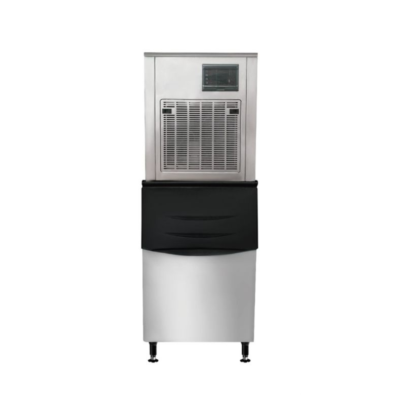Ice machine with black base and silver top on a white background