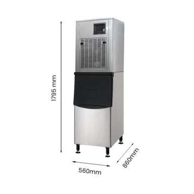 Ice machine with dimensions labeled on a white background