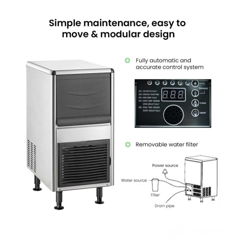 Ice machine with control panel and text highlighting features on a white background