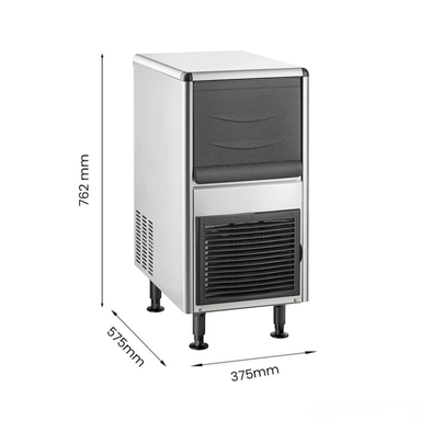 Ice machine with dimensions labeled on a white background