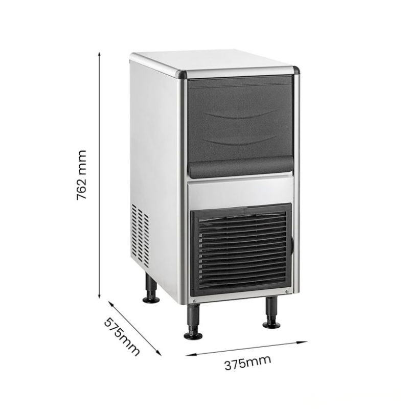 Ice machine with dimensions labeled on a white background
