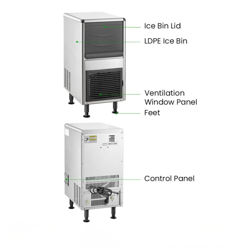 Ice machine with labeled parts on a white background