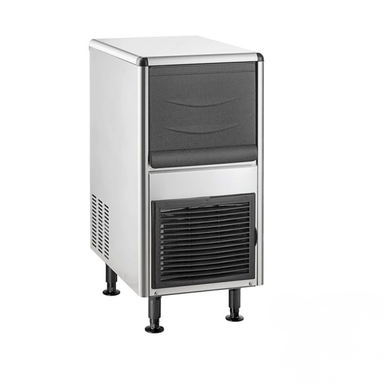 Ice machine with a gray top and black bottom on a white background