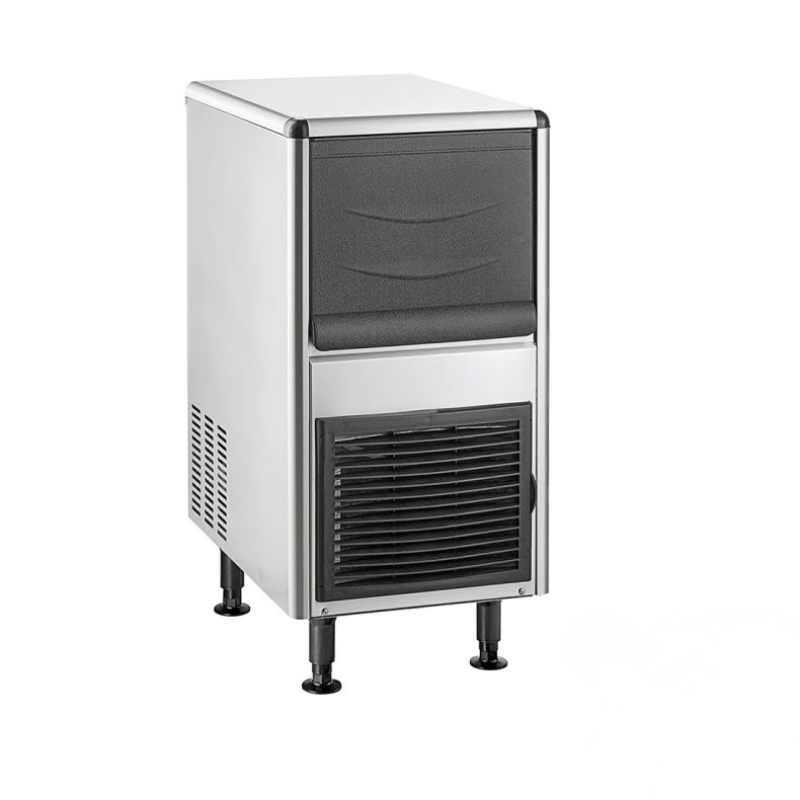 Ice machine with a gray top and black bottom on a white background