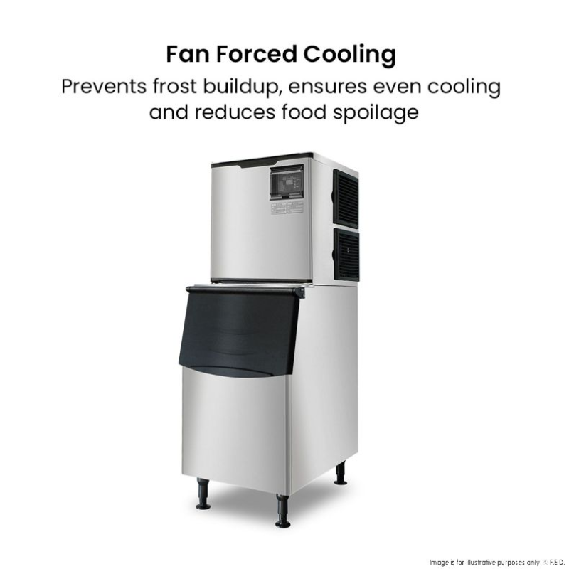 Fan forced cooling system for food storage equipment on a white background