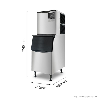 Ice machine with dimensions indicated on a white background