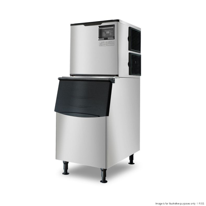 Stainless steel ice machine on a white background