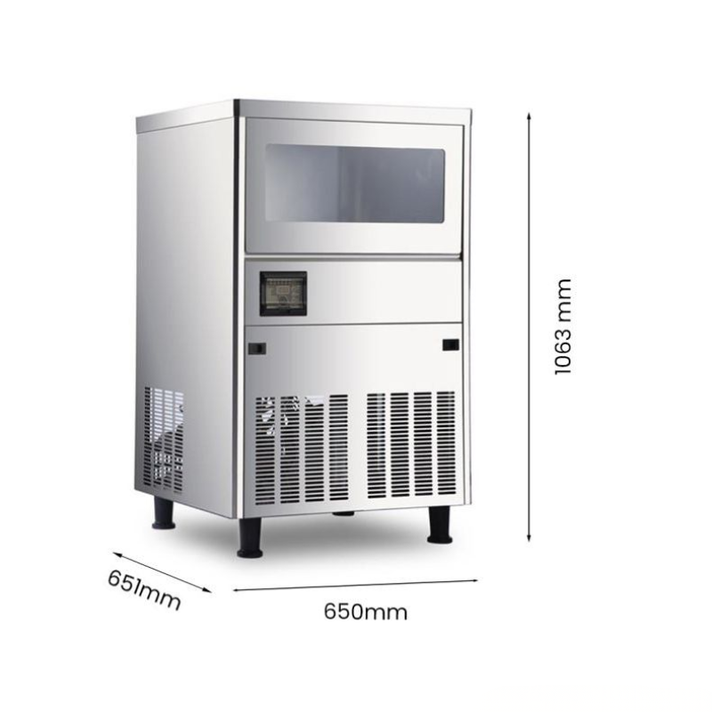 Stainless steel ice maker with dimensions labeled on a white background