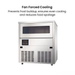 Stainless steel freezer with text about fan forced cooling on a white background