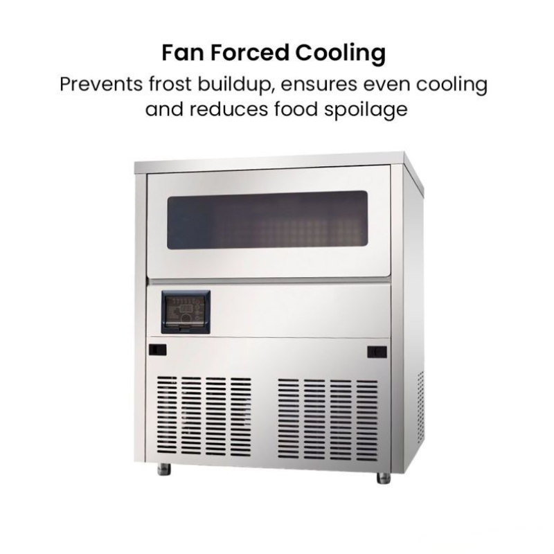 Stainless steel freezer with text about fan forced cooling on a white background