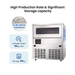 Ice machine with specifications on a white background