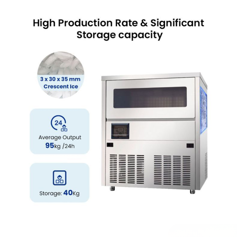 Ice machine with specifications on a white background