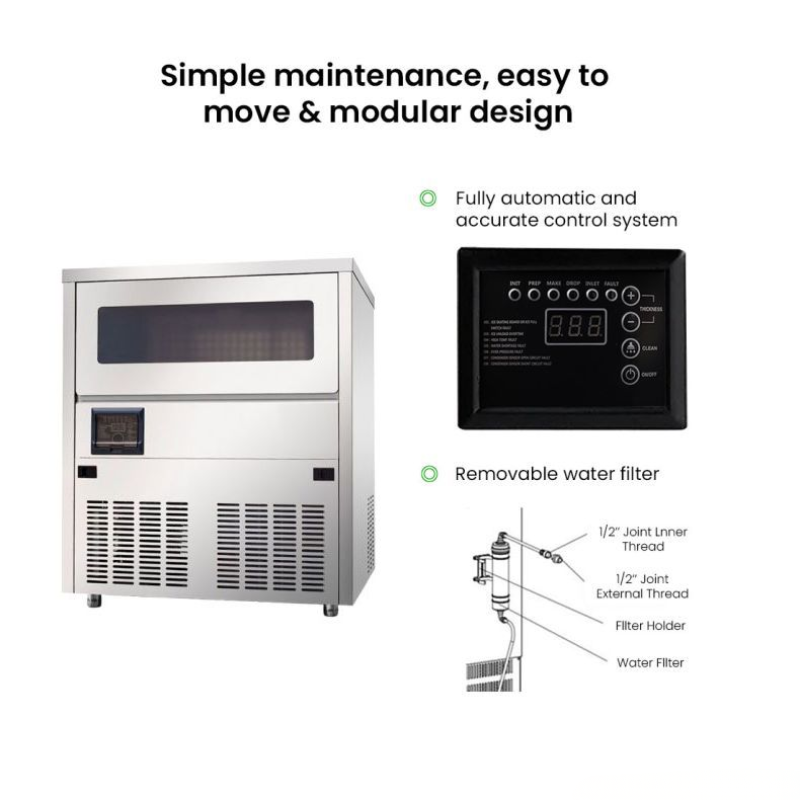 Stainless steel ice maker with control panel and water filter diagram on a white background