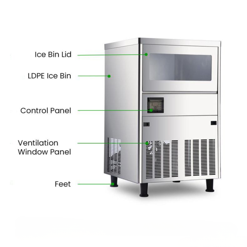 Stainless steel ice machine with labeled parts on a white background