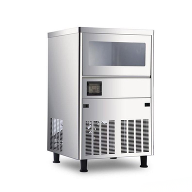 Stainless steel ice maker on a white background
