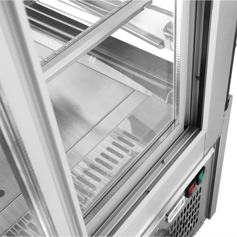 Close-up of a stainless steel refrigerator with glass door