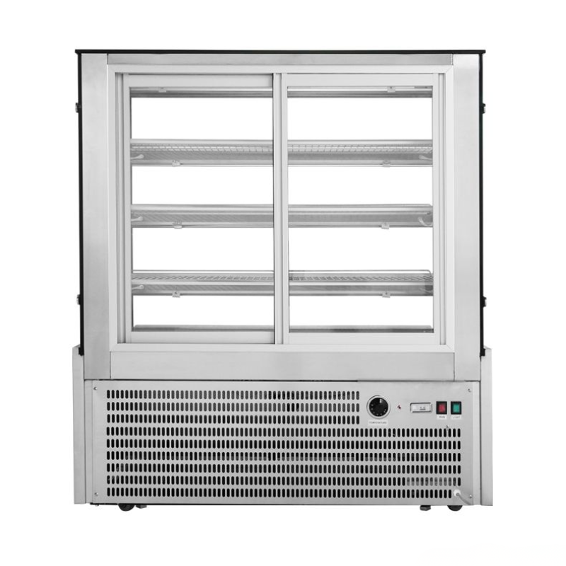 Commercial freezer with glass door on a white background