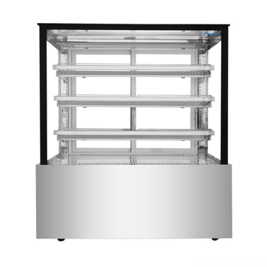 Stainless steel display case with glass front on a white background