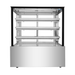 Stainless steel display case with glass front on a white background