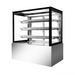 Display case with glass front and metal shelves on a white background