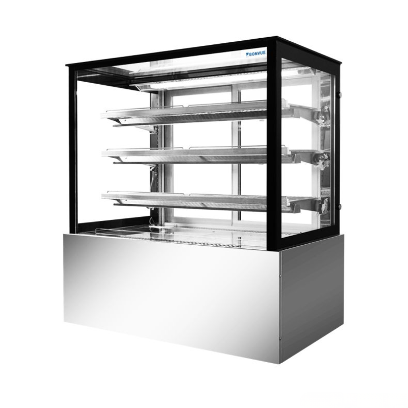 Display case with glass front and metal shelves on a white background