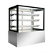Display case with glass front and metal base on a white background