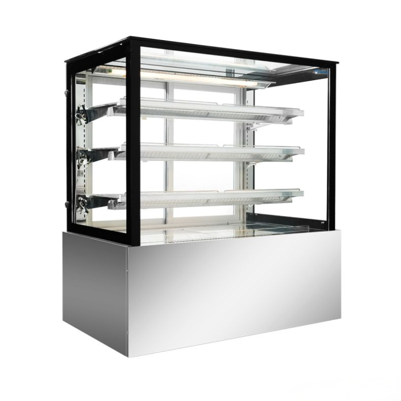 Display case with glass front and metal base on a white background