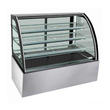 Glass display case with metal base on a white background