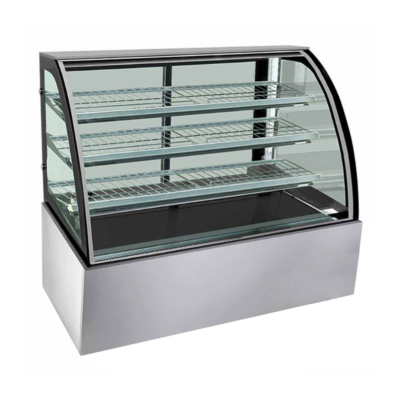 Glass display case with metal base on a white background