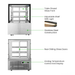 Stainless steel display freezer with labeled features on a white background