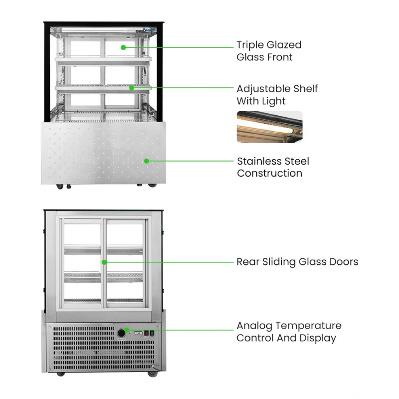 Stainless steel display freezer with labeled features on a white background