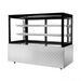 Display case with glass front and metal frame on a white background