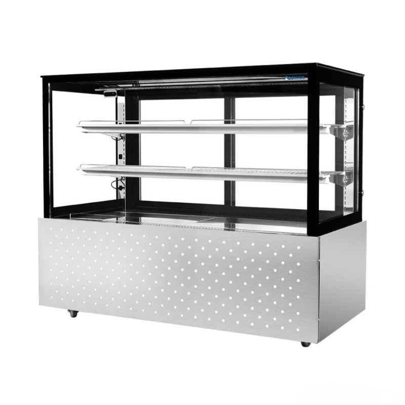 Display case with glass front and metal frame on a white background