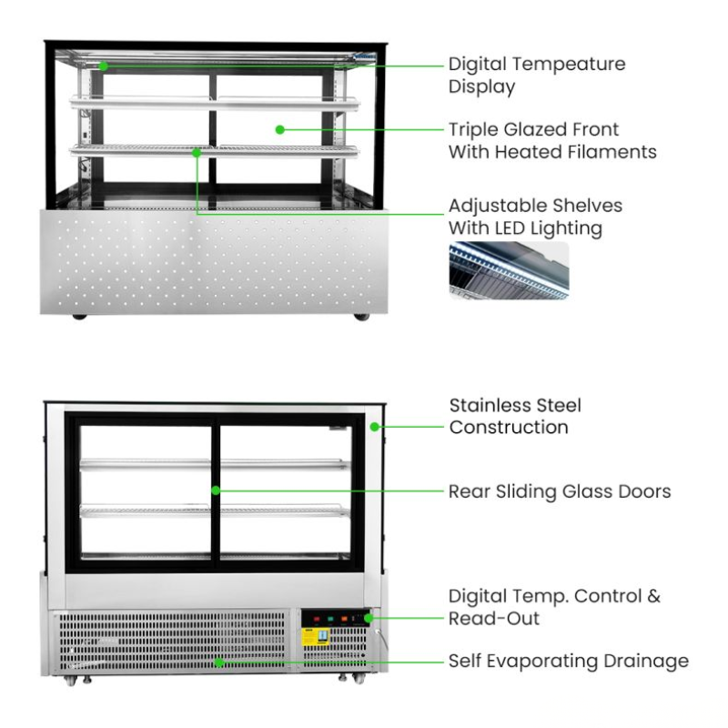 Commercial refrigerator with labeled features on a white background