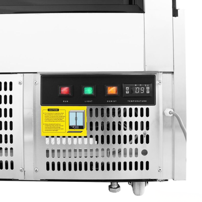Control panel of a machine with various indicators and a digital display on a white background