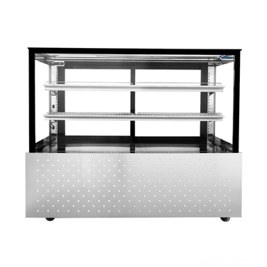 Display case with glass front and metal shelves on a white background