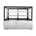 Display case with glass front and metal shelves on a white background