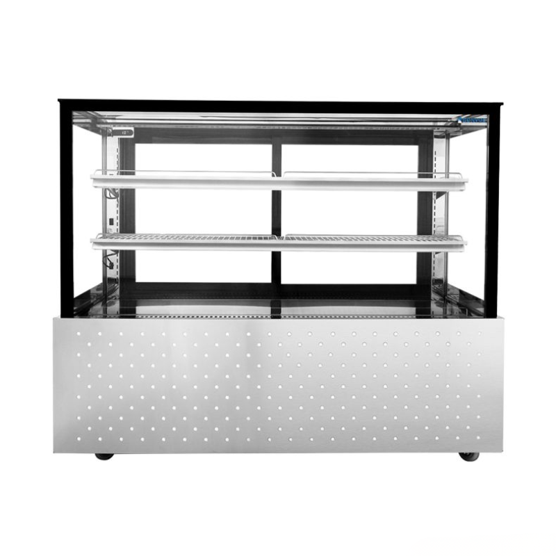 Display case with glass front and metal shelves on a white background