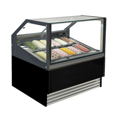 Ice cream display case with various flavors of ice cream.