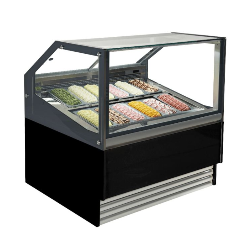 Ice cream display case with various flavors of ice cream.