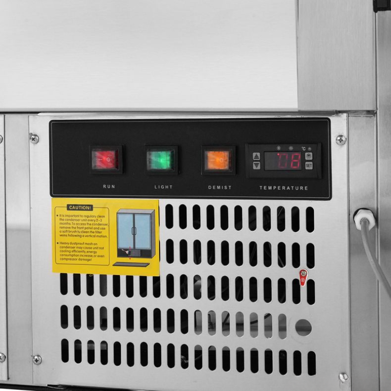 Control panel with lights and display on a metallic appliance