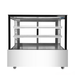 Stainless steel display case with glass front on a white background