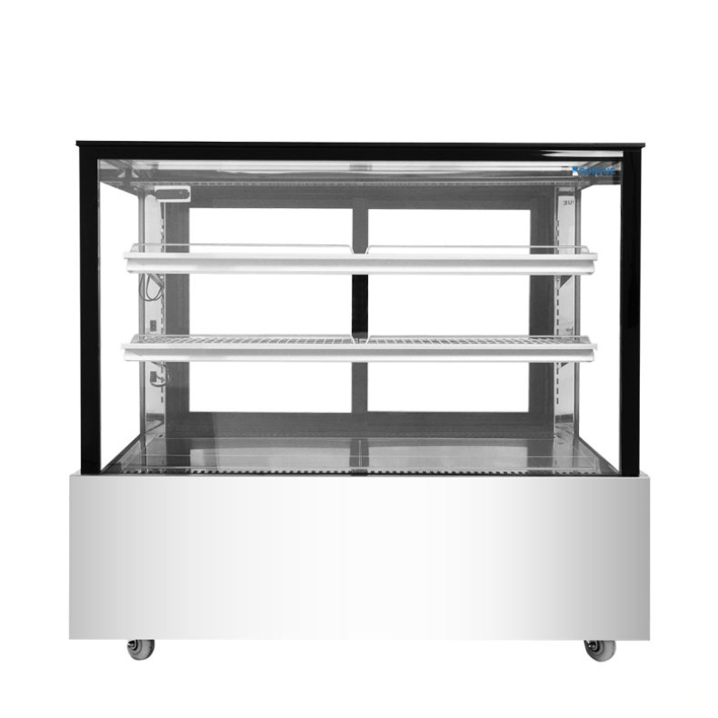 Stainless steel display case with glass front on a white background