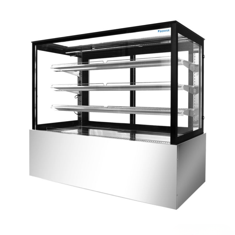 Display case with glass front and black frame on a white background