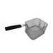 Metal mesh fryer basket with a black handle on a white background