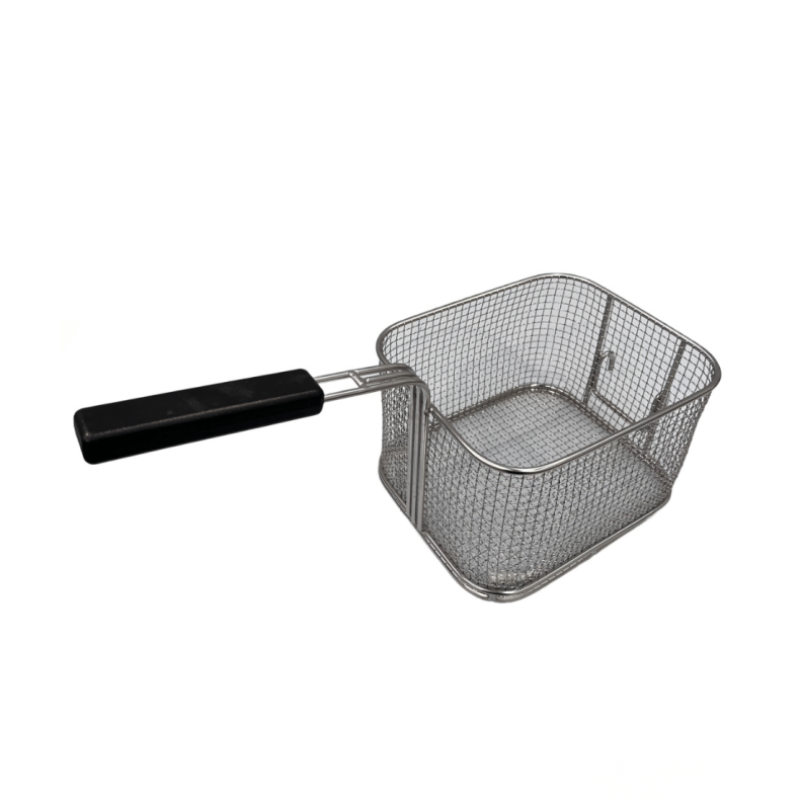 Metal mesh fryer basket with a black handle on a white background