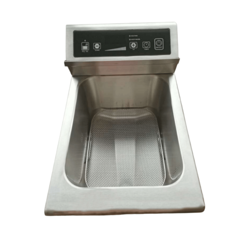 Stainless steel kitchen sink with digital control panel on a white background